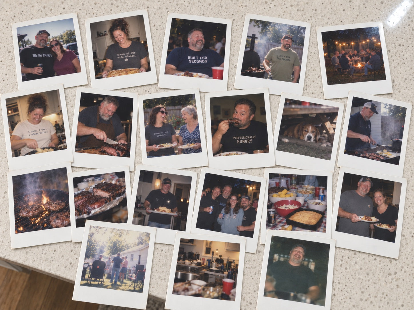 Polaroid-style collage of backyard cookouts, kitchen gatherings, and people wearing Late Plate Club shirts, spread across a kitchen island.